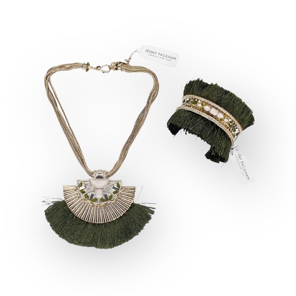 new Jenny Packham ❀ Chic Fringed Crystal Gemstones Necklace ❀ Gold + Olive Green - Picture 16 of 17